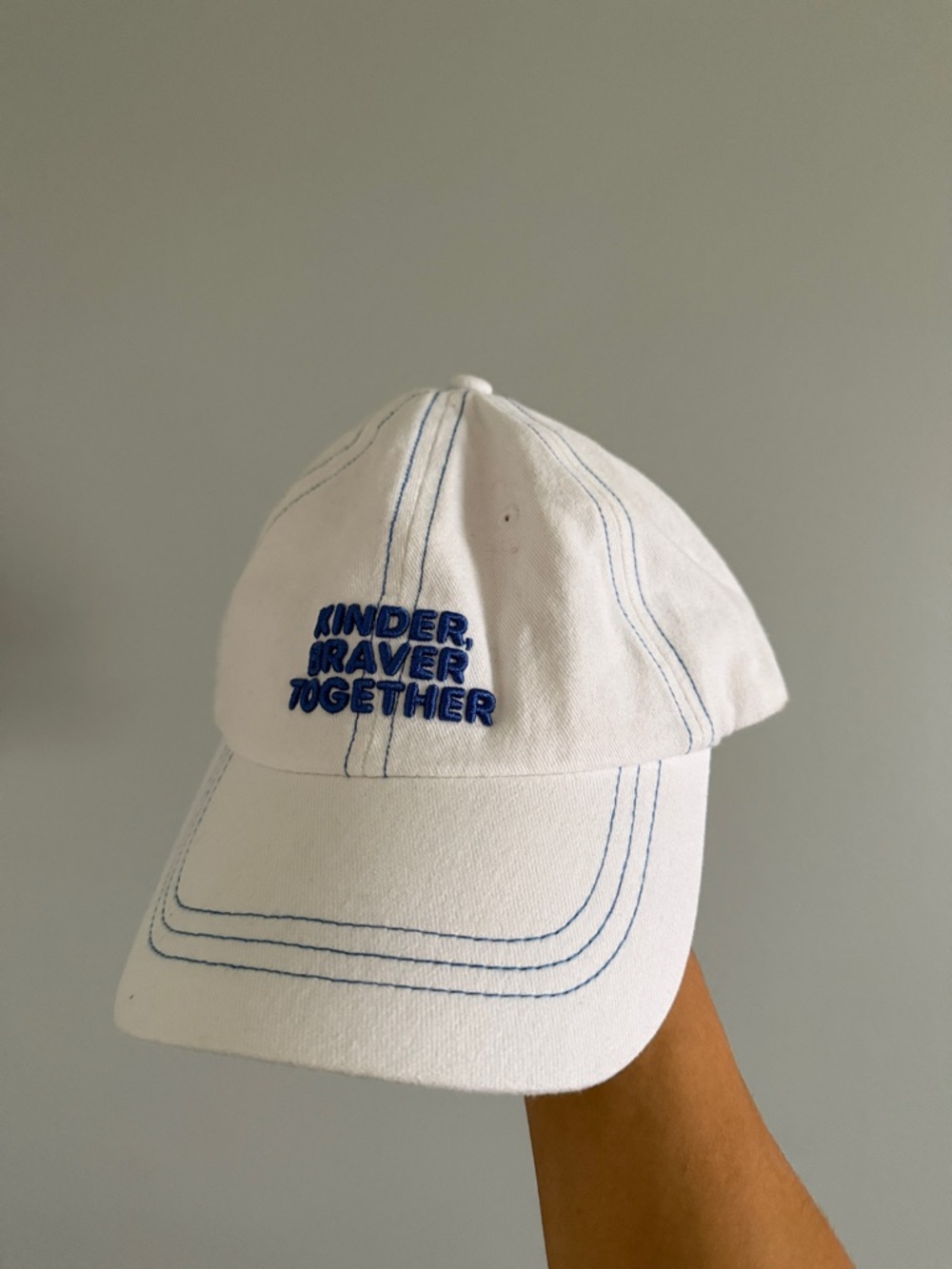 Embroidered White Baseball Cap with Blue Stitching - Picture 1 of 2
